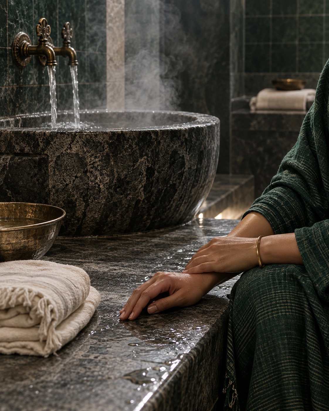 Conceptual Sundari-inspired hand beside a stone Hammam basin