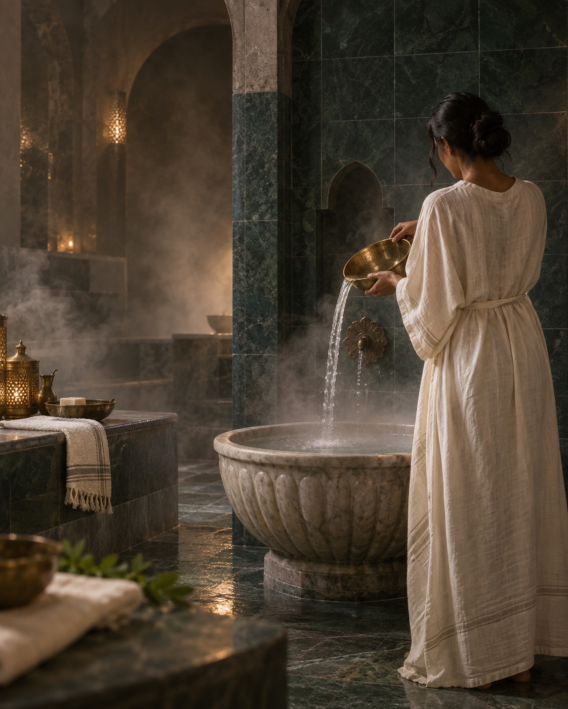 Conceptual Sundari-inspired woman pouring water in a steam-filled Turkish Hammam