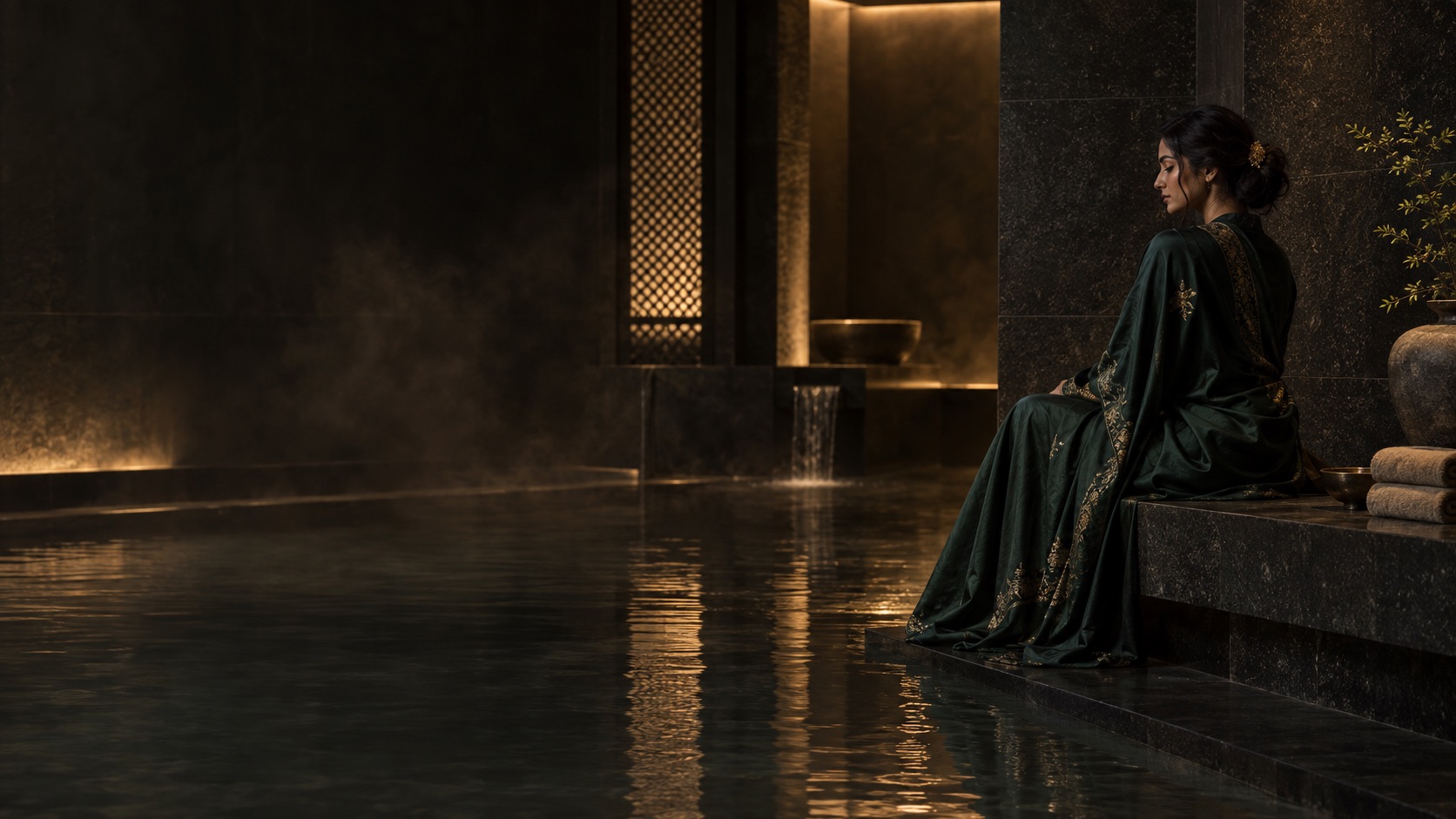 Conceptual Sundari-inspired woman in a modest embroidered robe beside a dark stone spa pool